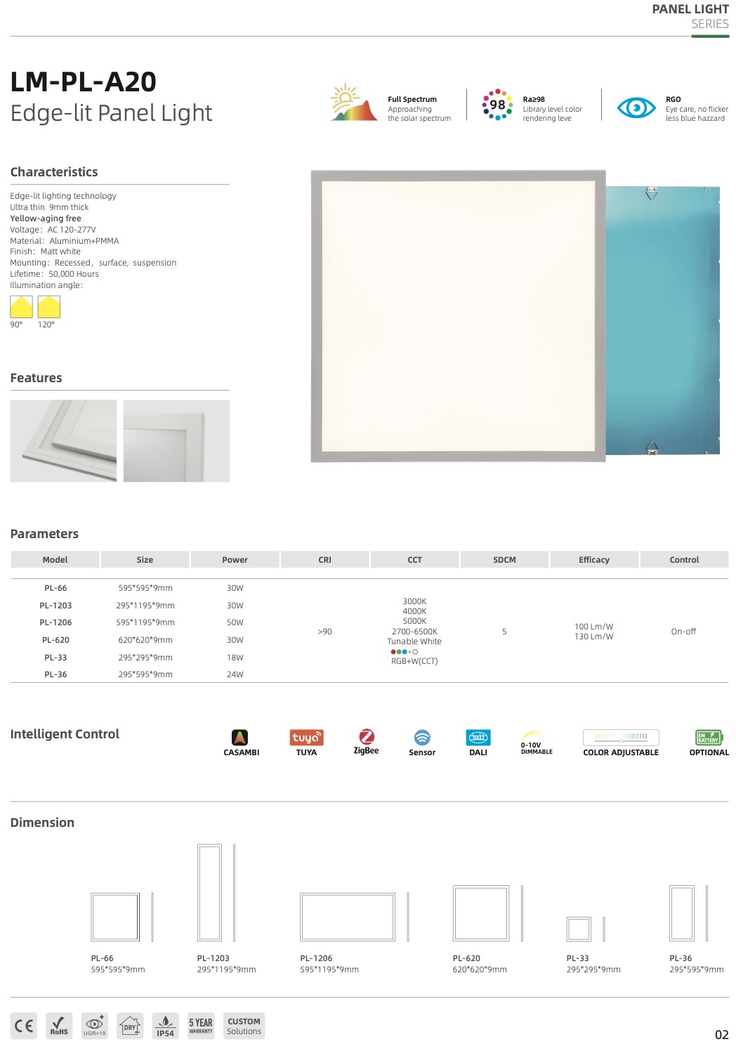 Lumin edge-lit panel light can work with Smart Control Casambi, Tuya, Zigbee, DALI, 0-10v