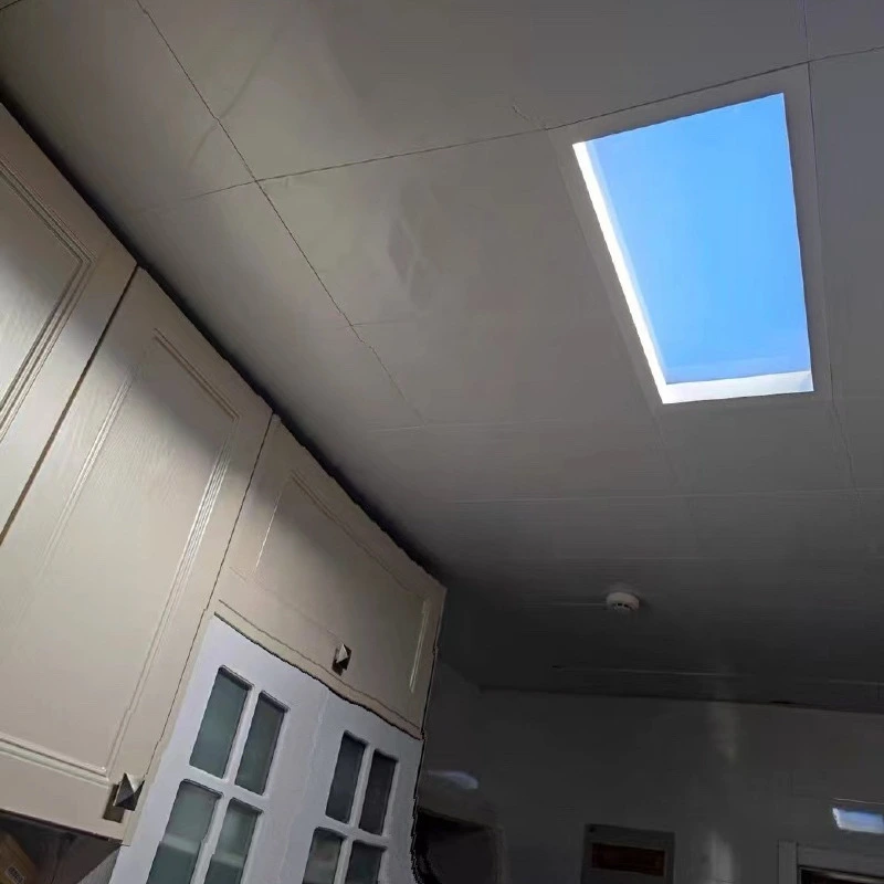 Lumin recessed slanted sunbeam ceiling light installed in kitchen creating natural sunlight effect over countertops