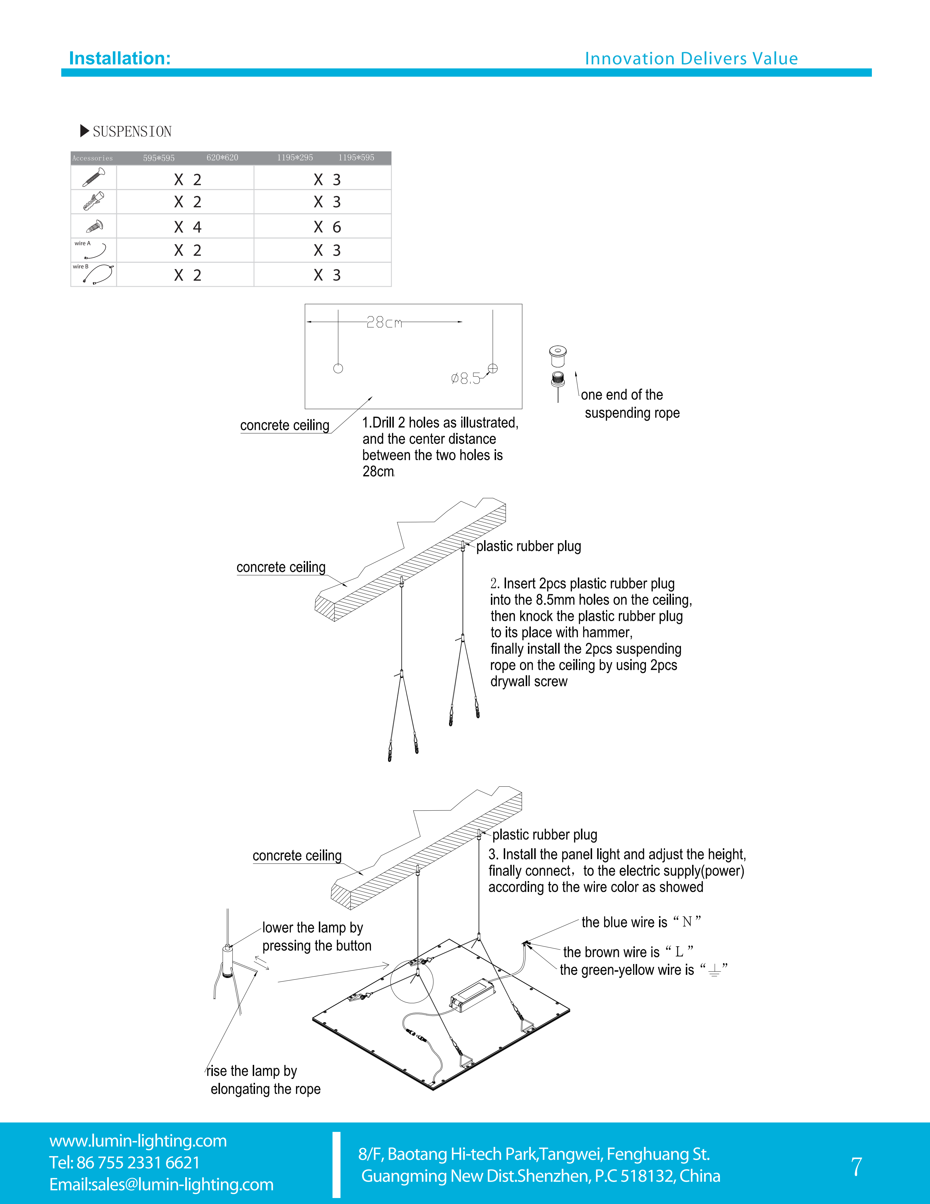 Lumin 33W LED panel light suspended mounting installation steps with steel cables