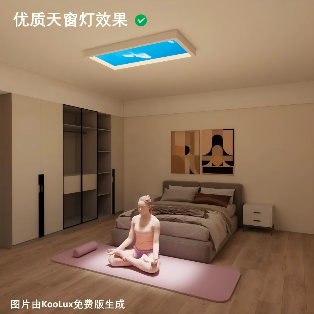 artificial skylight featuring Rayleigh scattering technology, showing deep blue sky center, warm sunlight beam, and natural shadow formation