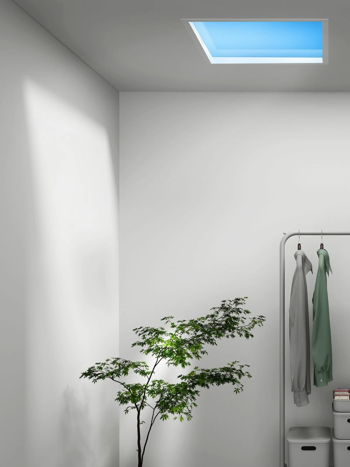Lumin recessed slanted sunbeam ceiling light in entryway projecting realistic sun rays and shadows