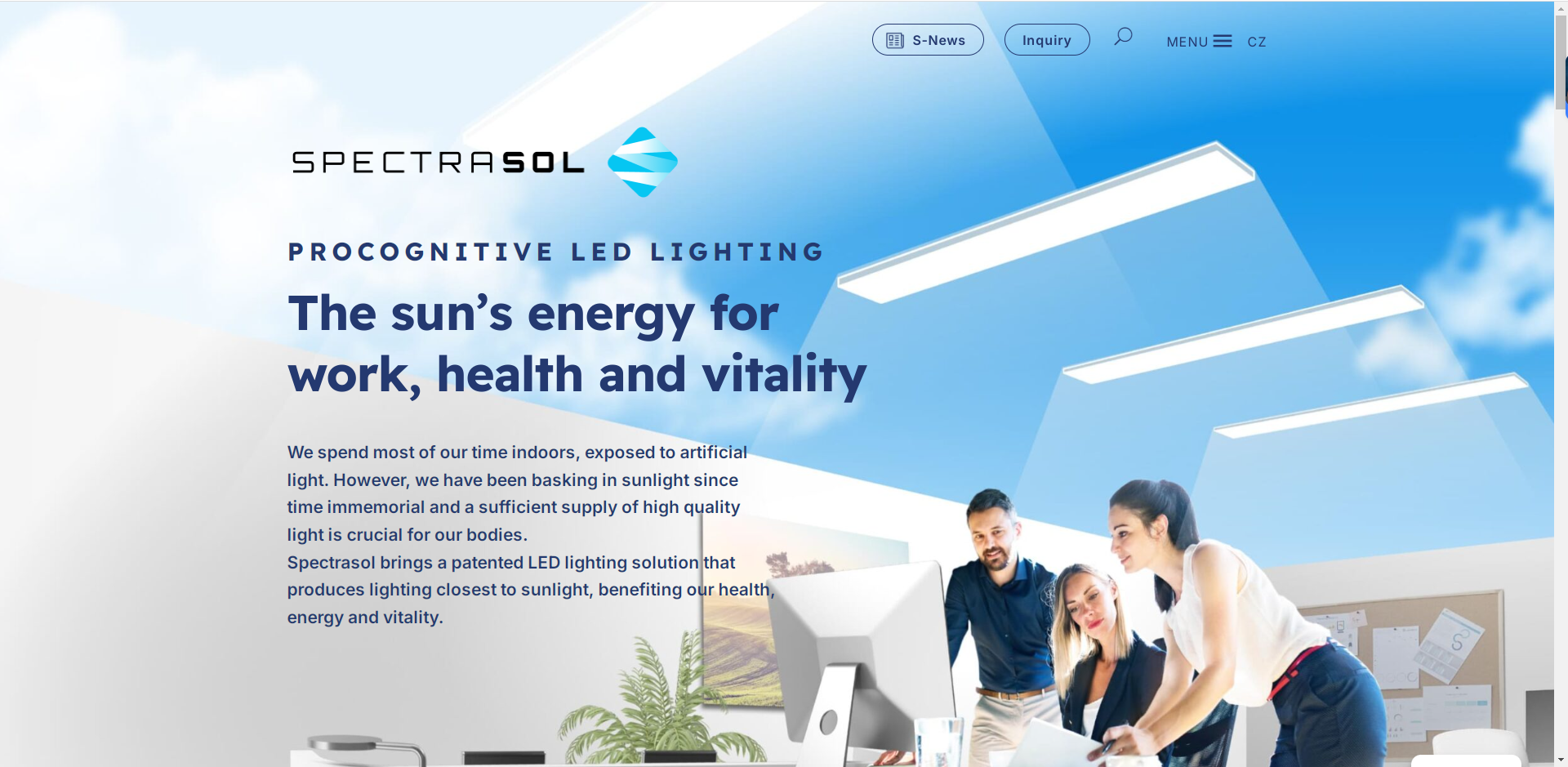Homepage of Czech Spectrasol, an international partner specializing in health lighting, collaborating with Luminlight on custom full spectrum panel lights