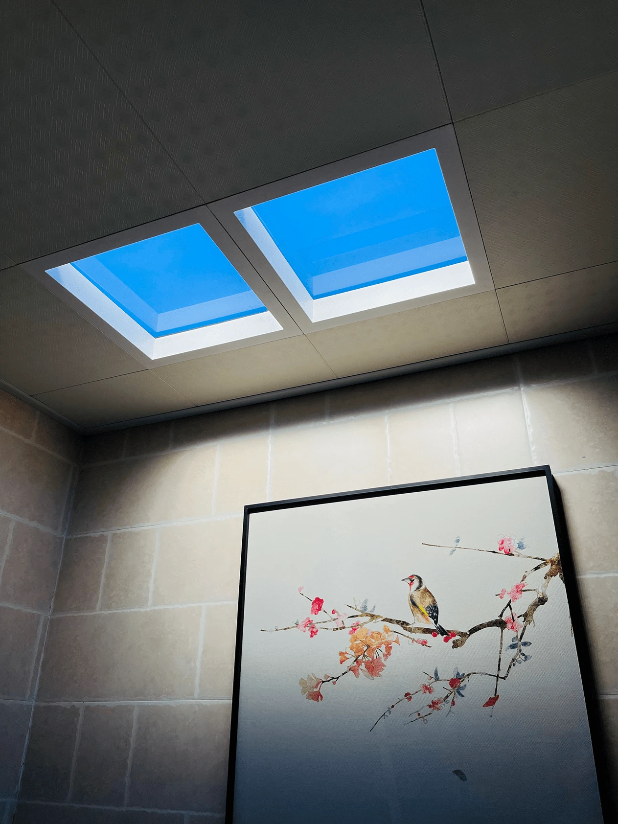 Lumin recessed slanted sunbeam ceiling light in bathroom adding warm artificial sunlight for relaxing atmosphere
