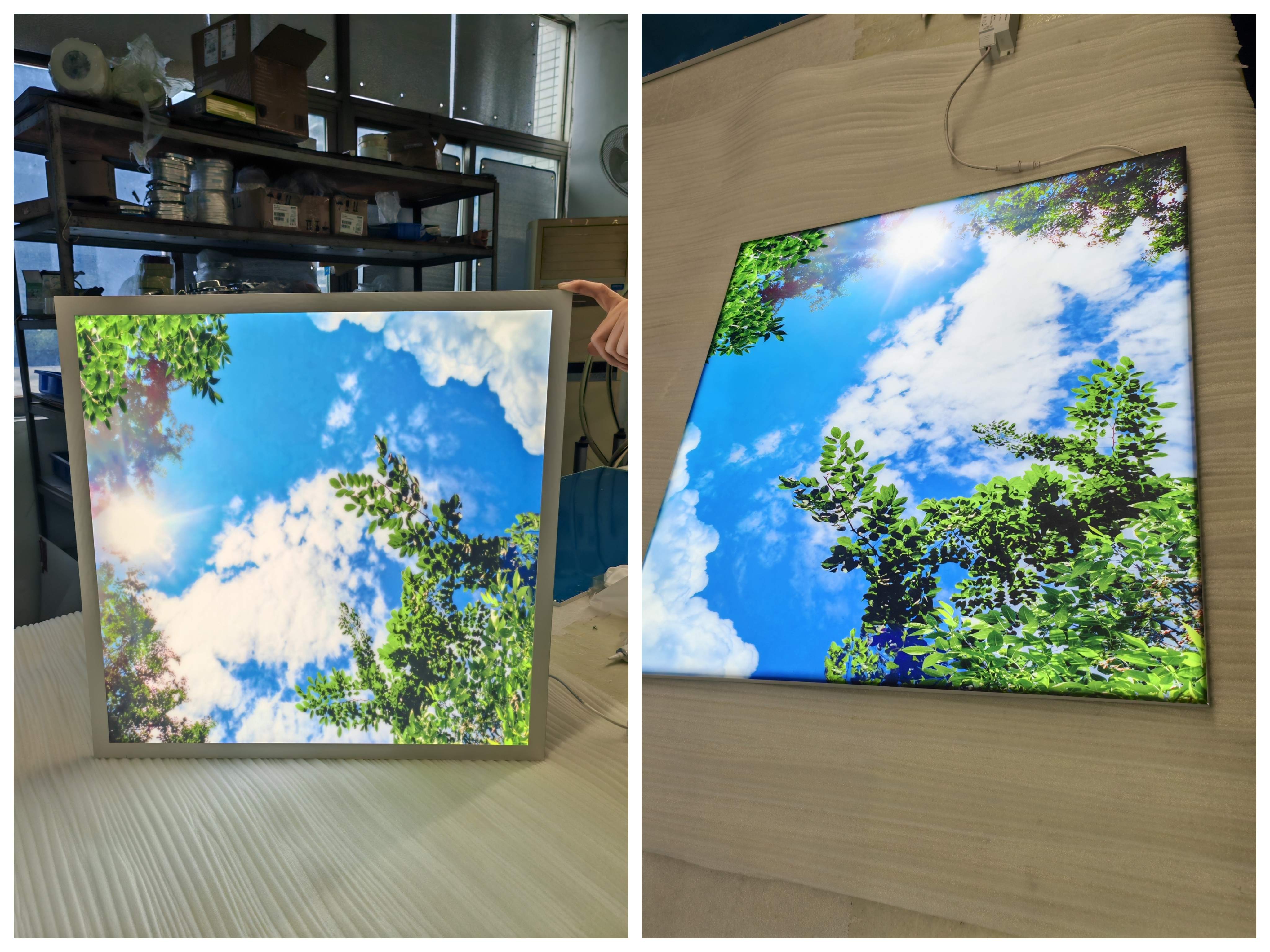 luminlight framed vs frameless sky panel lights comparison with the same pattern - visual appearance difference