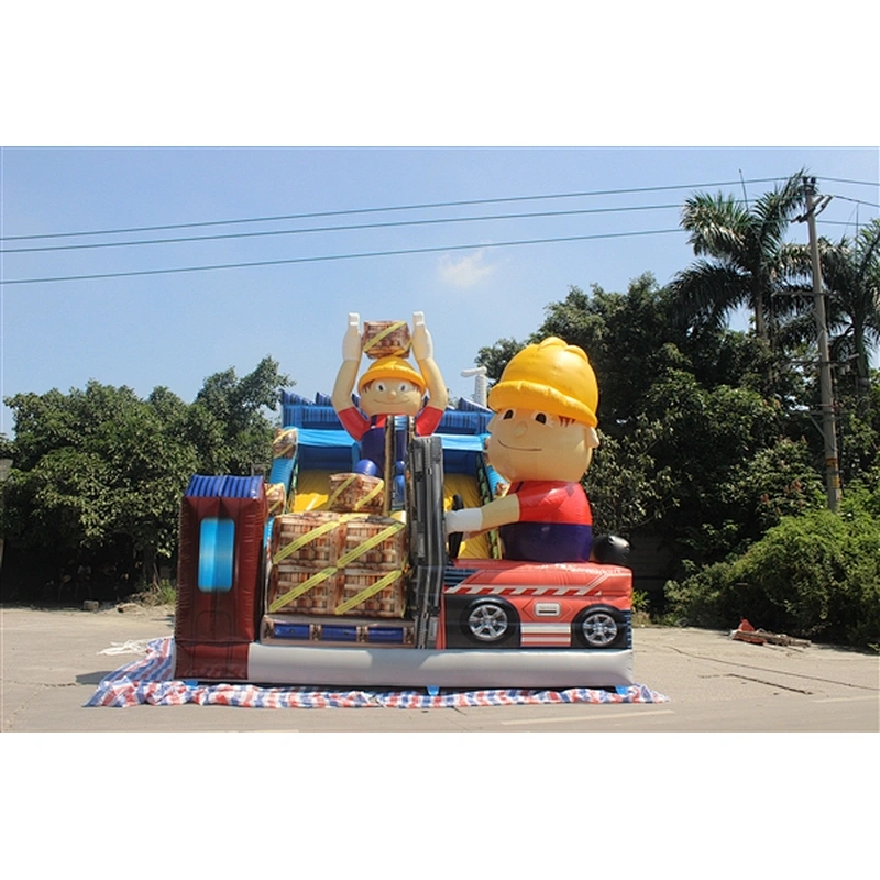 cute worker crane inflatable bouncer slide Inflatable Slide-12x6x9M
