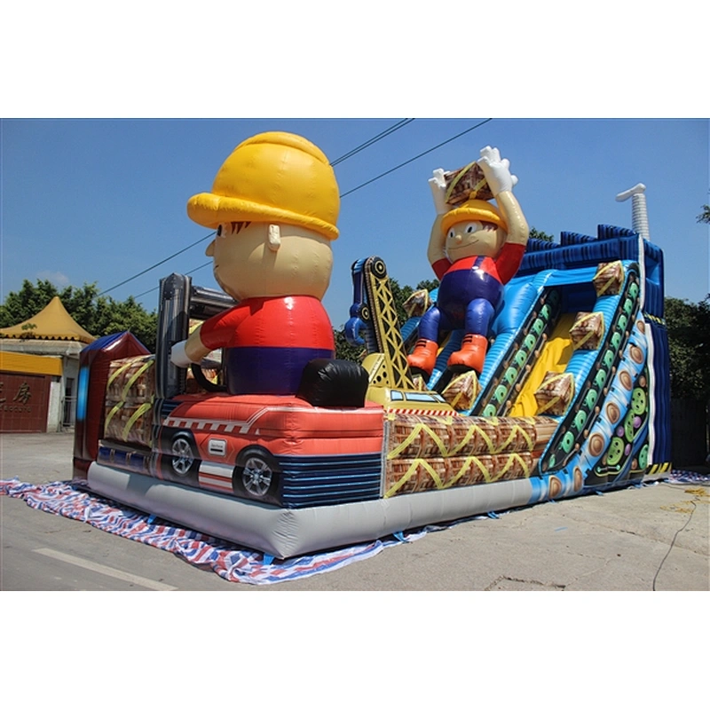 cute worker crane inflatable bouncer slide Inflatable Slide-12x6x9M