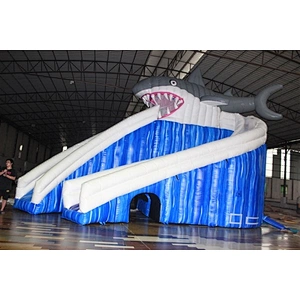 blue white Water ripple giant fierce shark showing teeth Inflatable Slide-10x6x8M