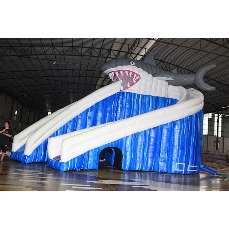 blue white Water ripple giant fierce shark showing teeth Inflatable Slide-10x6x8M