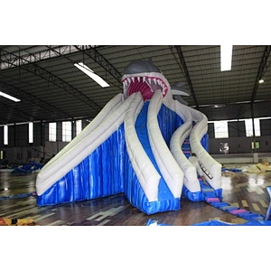 blue white Water ripple giant fierce shark showing teeth Inflatable Slide-10x6x8M