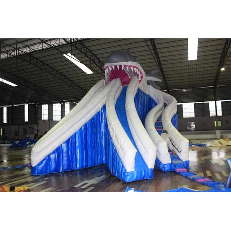 blue white Water ripple giant fierce shark showing teeth Inflatable Slide-10x6x8M