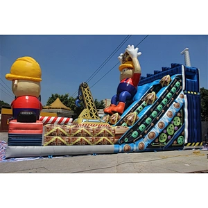 cute worker crane inflatable bouncer slide Inflatable Slide-12x6x9M