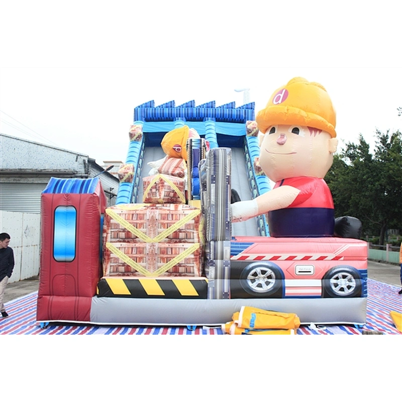 cute worker crane construction site fun city inflatable amusement park-15x6x9M