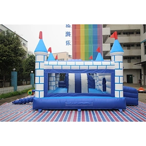 blue and white city wall bouncer with slide jumping castle&Inflatable Combo--6x4x3.5M