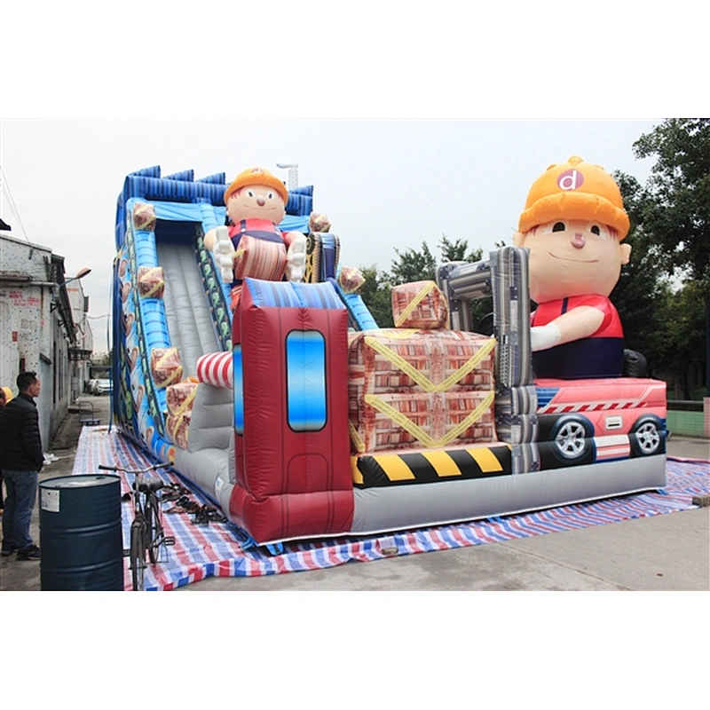 cute worker crane construction site fun city inflatable amusement park-15x6x9M