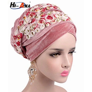 Hi-Ana Velvet Turban Long Head Wraps Women Luxury Hijab Headscarf Head Scarf with Flower