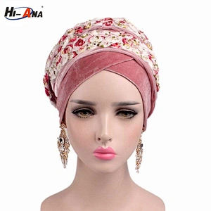 Hi-Ana Velvet Turban Long Head Wraps Women Luxury Hijab Headscarf Head Scarf with Flower