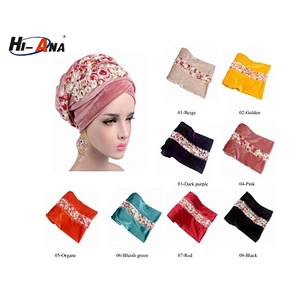 Hi-Ana Velvet Turban Long Head Wraps Women Luxury Hijab Headscarf Head Scarf with Flower