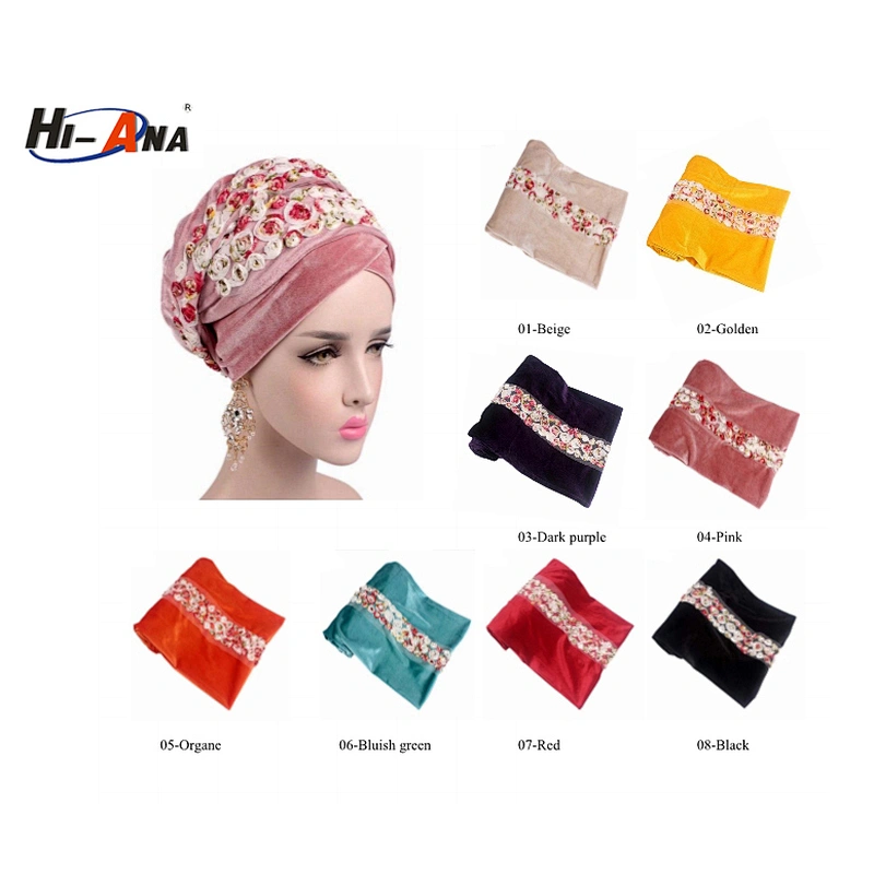 Hi-Ana Velvet Turban Long Head Wraps Women Luxury Hijab Headscarf Head Scarf with Flower