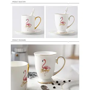 Creative coffee mug, gold handle new bone china ceramic flamingo mugs custom with gift box