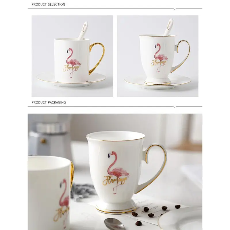 Creative coffee mug, gold handle new bone china ceramic flamingo mugs custom with gift box