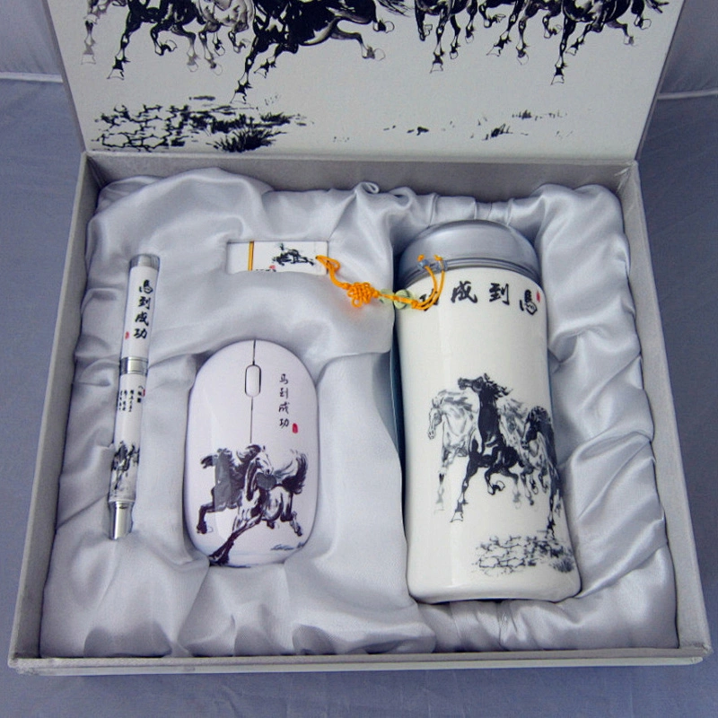 Vacuum Cup Pen U Disk Mouse Sets China Painting Pattern Business 3 Piece Gift Luxury VIP Company Office Stationery Gift Set