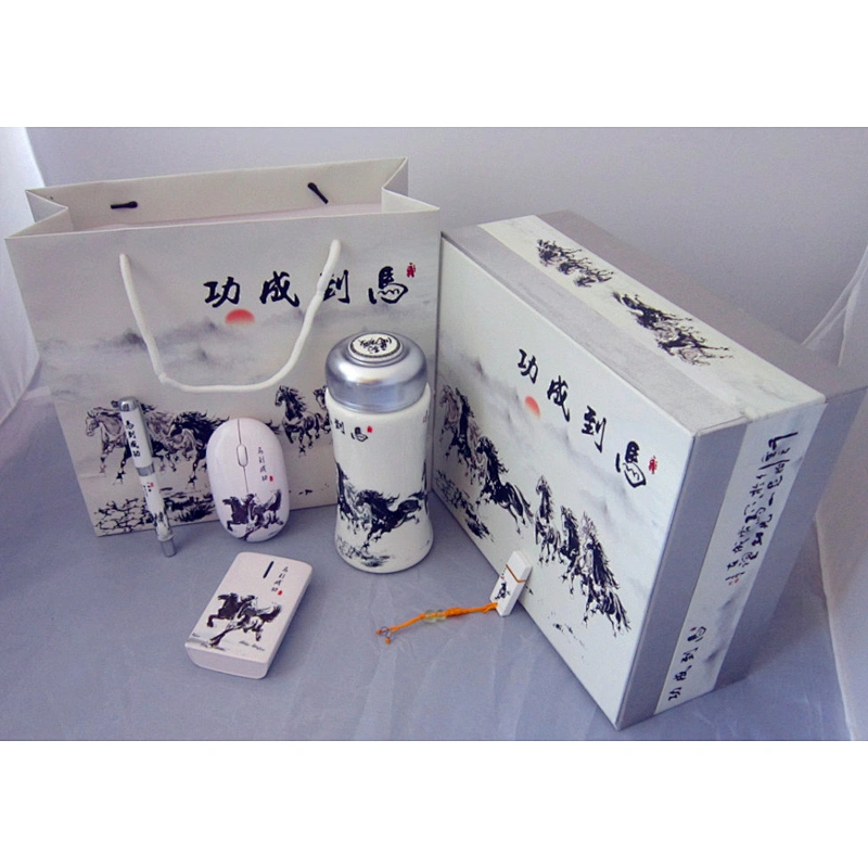 Vacuum Cup Pen U Disk Mouse Sets China Painting Pattern Business 3 Piece Gift Luxury VIP Company Office Stationery Gift Set