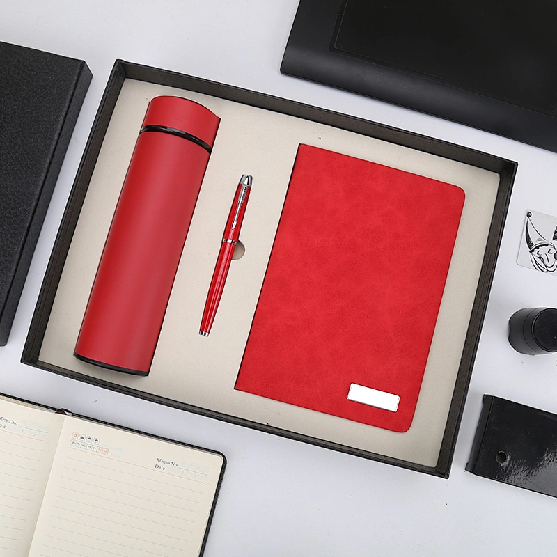 Wholesale business leather notebook gift set with pen and vacuum flask
