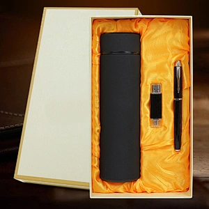 Company Leather Luxury VIP Office Stationery Gift Set Business 3 Piece Set Vacuum Cup Pen U Disk Business Gifts