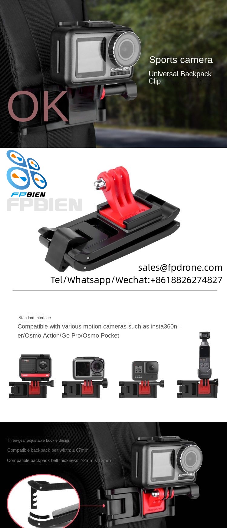 Universal backpack clip for action camera suitable for 20 TY-Q9261 action camera