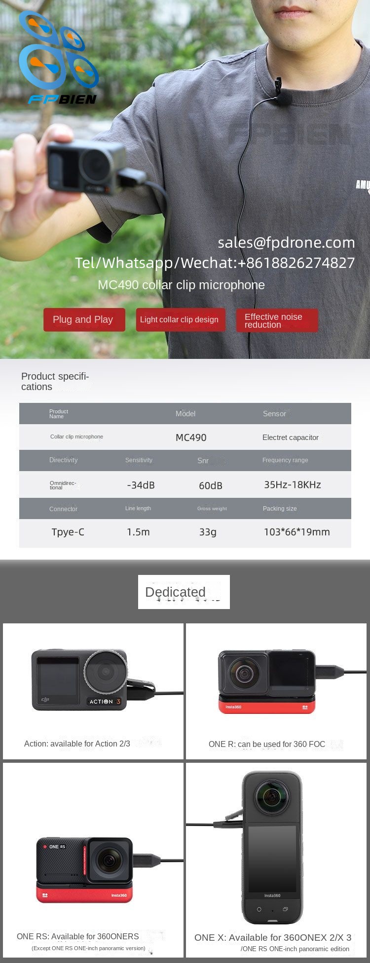 Lapel microphone suitable for MC490 action camera