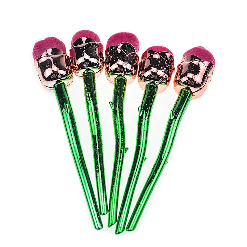 5pc professional rose shaped makeup brush set with plastic handle