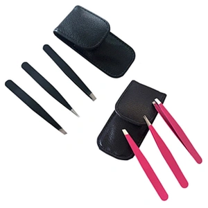 JZG 3pcs Stainless Steel Eyebrow Extension Applicator Tweezers Set Slanted Pointed Tip Eyelash Tweezer with PU Pouch Bag