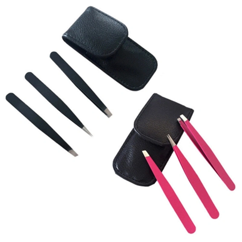 JZG 3pcs Stainless Steel Eyebrow Extension Applicator Tweezers Set Slanted Pointed Tip Eyelash Tweezer with PU Pouch Bag