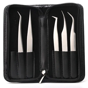 JZG 5pcs Silver Volume Beauty Stainless Steel Private Label Custom Logo Case Sets Volume Extension Eyelash Lash Tweezers PU Bag