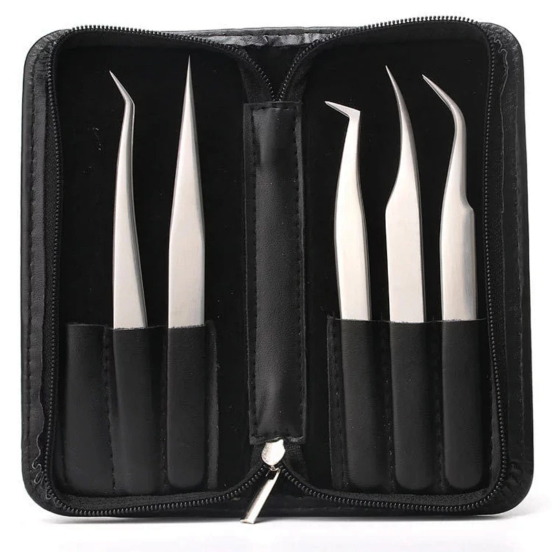 JZG 5pcs Silver Volume Beauty Stainless Steel Private Label Custom Logo Case Sets Volume Extension Eyelash Lash Tweezers PU Bag