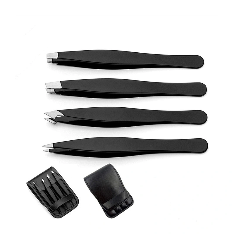 JZG High Quality Private Label 4pcs PU Leather Black Eyebrow Trimmer Tweezers Set