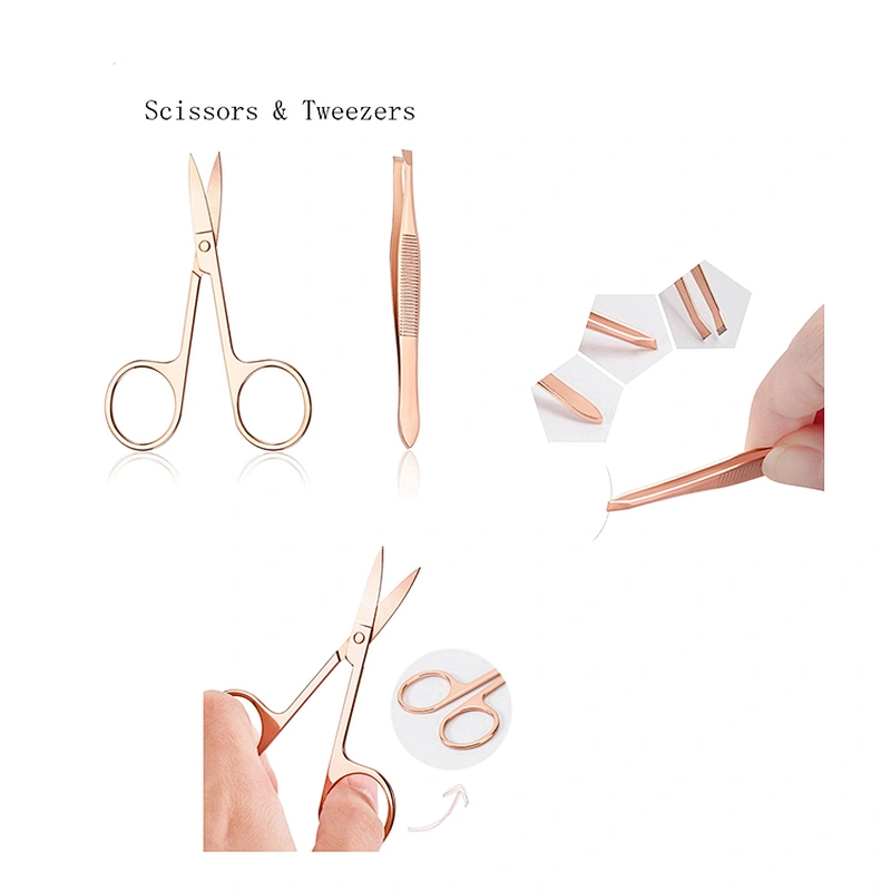 JZG High Quality Eyelash Extension Tweezers Eyebrow Tweezer Stainless Steel Private Label Rose Gold With Scissors Set