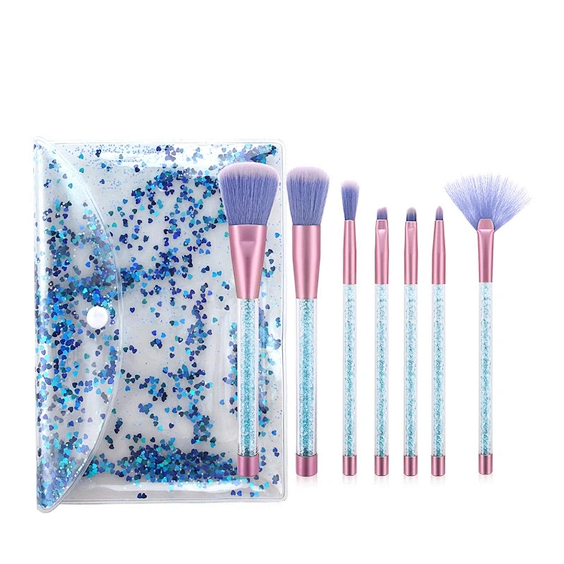 JZG Factory Vegan Beauty Private Label Makeup Brush New Beautiful Plastic Handle 7pcs Shiny Brush Set With Shiny Bag