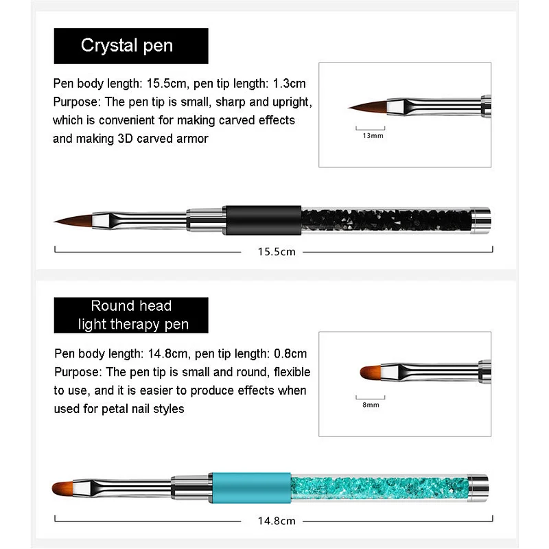 1Pcs Kolinsky Acrylic Handle Nail Brush Rhinestone DIY Drawing Pen Double-Colors Nails Art Gel Polish Painting Carving Brush
