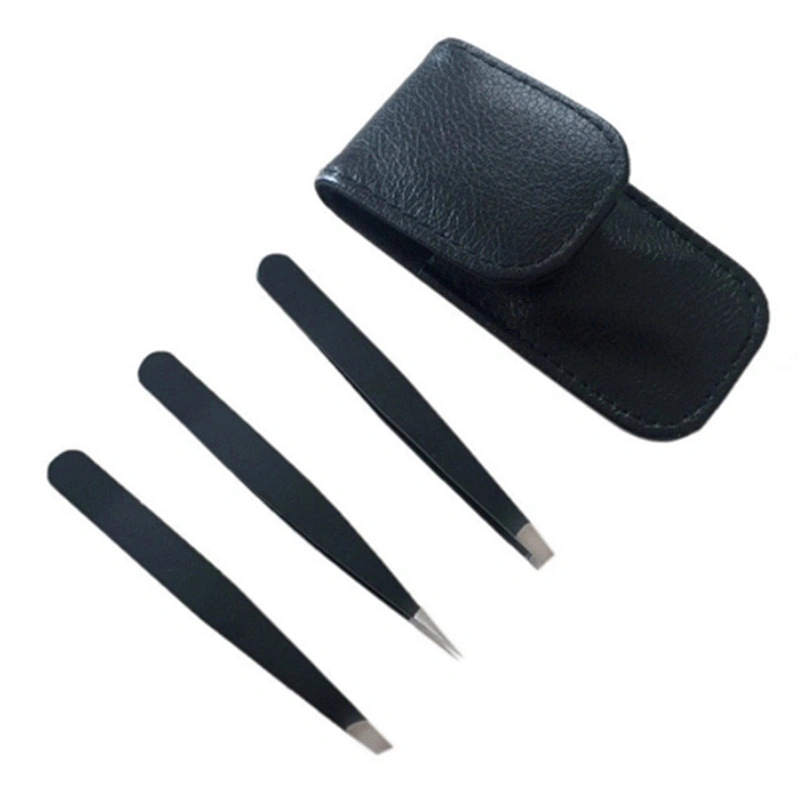 JZG 3pcs Stainless Steel Eyebrow Extension Applicator Tweezers Set Slanted Pointed Tip Eyelash Tweezer with PU Pouch Bag