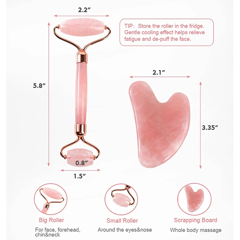JZG Wholesale OEM Private Label Genuine Facial Anti Aging Gift Box Stone Pink Rose Quartz Jade Roller and Guasha Set for Face