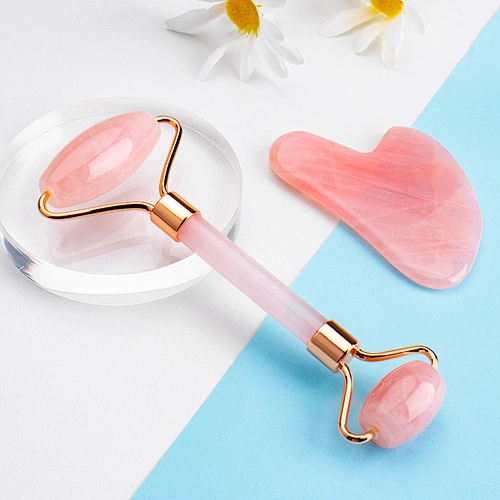 Top Amazon Wholesale Rose Quartz Stone Jade Facial Massager Roller With Logo / Jade Roller Gua Sha Set