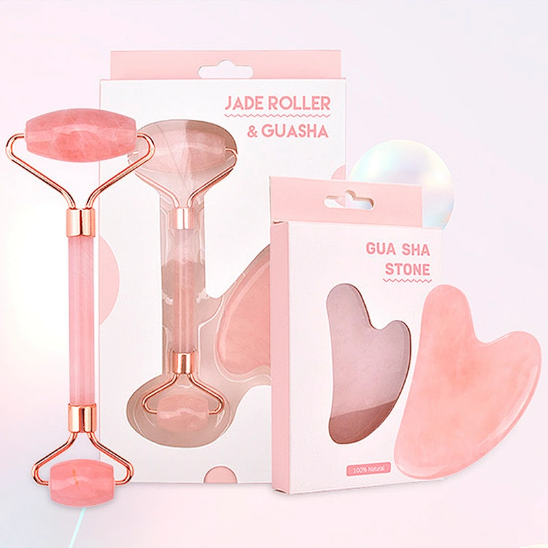 Wholesale Custom 100% Real Natural Pink Rose Quartz Face Body Massager Mini Guasha Tool Facial Jade Roller Gua Sha Set