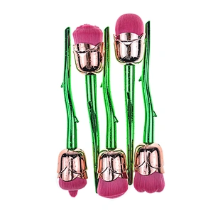 5pc professional rose shaped makeup brush set with plastic handle