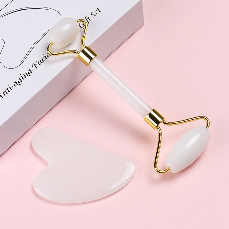 Custom Logo Jade Roller And Gua Sha Tools Set Jade Facial Roller For Face Beauty Boards White Jade Roller