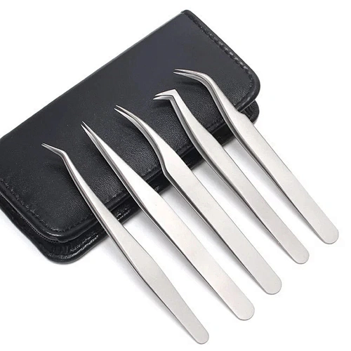 JZG 5pcs Silver Volume Beauty Stainless Steel Private Label Custom Logo Case Sets Volume Extension Eyelash Lash Tweezers PU Bag