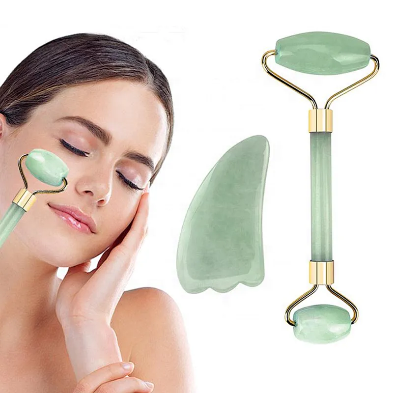 Quartz Roller Slimming Face Massager Natural Jade Facial Massage Roller Stone Skin Beauty Care Set