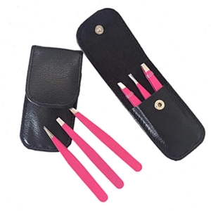 JZG 3pcs Stainless Steel Eyebrow Extension Applicator Tweezers Set Slanted Pointed Tip Eyelash Tweezer with PU Pouch Bag