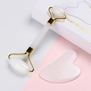 Uv Logo Double Head Natural Facial Massager Opal Jade Roller And Gua Sha Set White Jade Roller With Gift Box For Face Eyes Neck