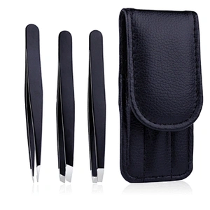 JZG 3PCS/Set Eyebrow Tweezers Stainless Steel Point Tip Eye Brow Trimmer Slant Tip/Flat Tip Hair Removal Makeup Tool with PU Bag